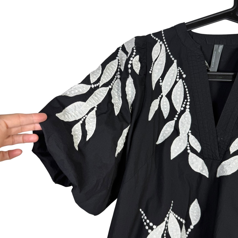 Anthropologie Black White Puff Sleeve Embroidered Blouse Top Size Medium - Picture 2 of 5